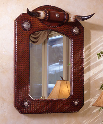 Leather Mirror with Cow Horn detail at top